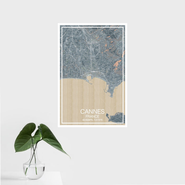 16x24 Cannes France Map Print Portrait Orientation in Afternoon Style With Tropical Plant Leaves in Water