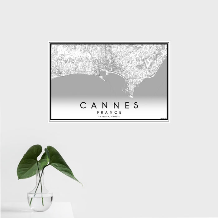16x24 Cannes France Map Print Landscape Orientation in Classic Style With Tropical Plant Leaves in Water