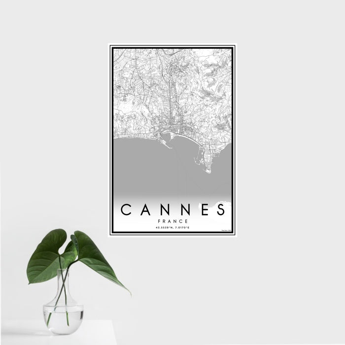 16x24 Cannes France Map Print Portrait Orientation in Classic Style With Tropical Plant Leaves in Water
