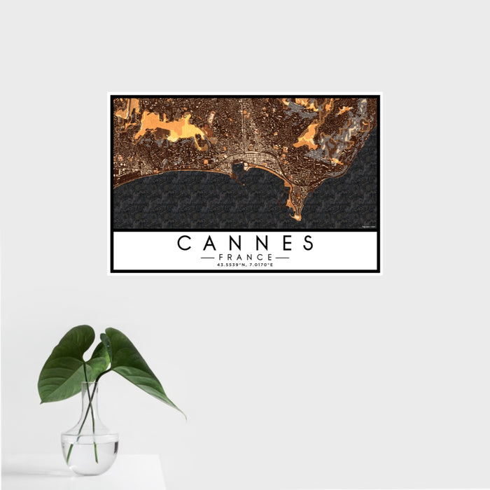 16x24 Cannes France Map Print Landscape Orientation in Ember Style With Tropical Plant Leaves in Water