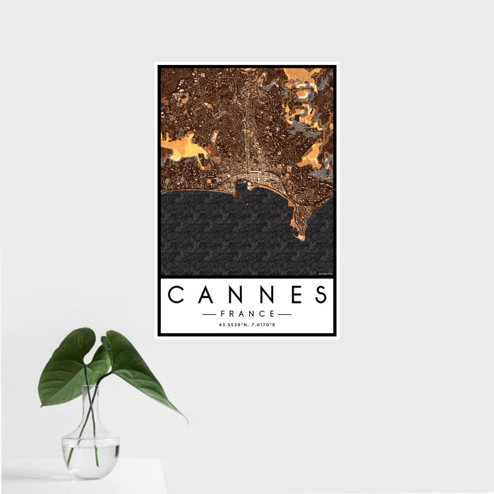 16x24 Cannes France Map Print Portrait Orientation in Ember Style With Tropical Plant Leaves in Water
