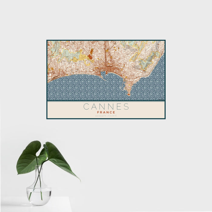 16x24 Cannes France Map Print Landscape Orientation in Woodblock Style With Tropical Plant Leaves in Water