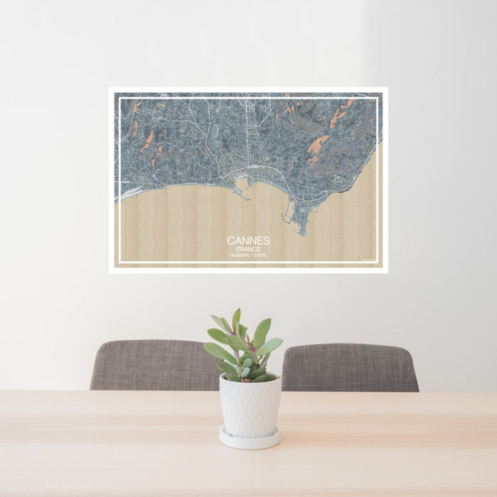24x36 Cannes France Map Print Landscape Orientation in Afternoon Style Behind 2 Chairs Table and Potted Plant
