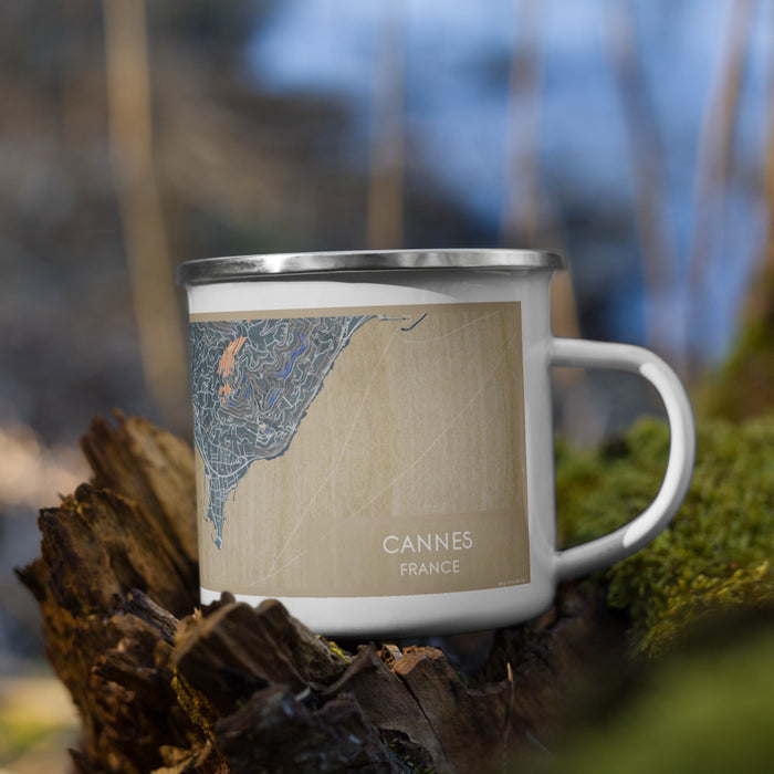 Right View Custom Cannes France Map Enamel Mug in Afternoon on Grass With Trees in Background