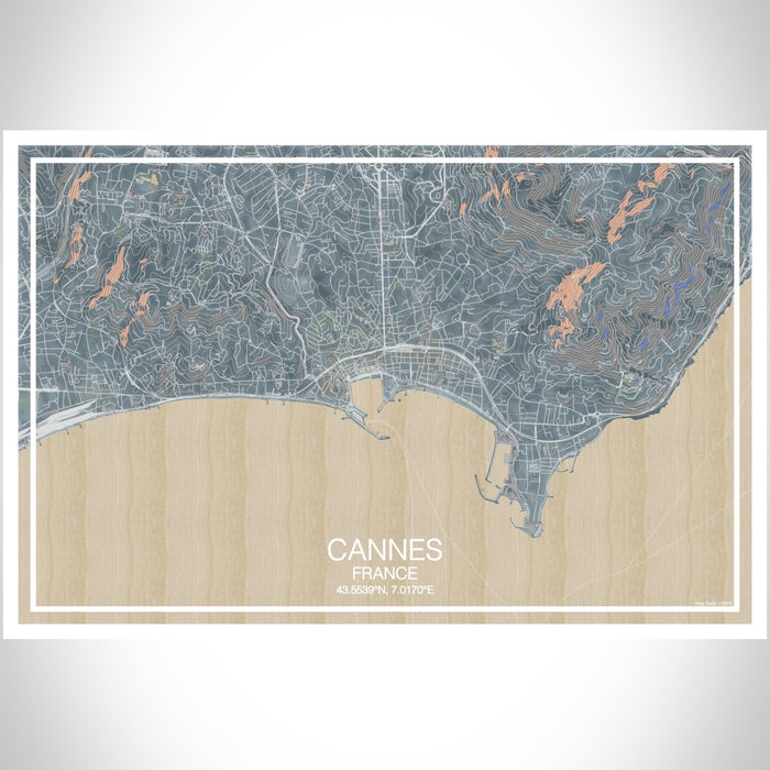 Cannes France Map Print Landscape Orientation in Afternoon Style With Shaded Background