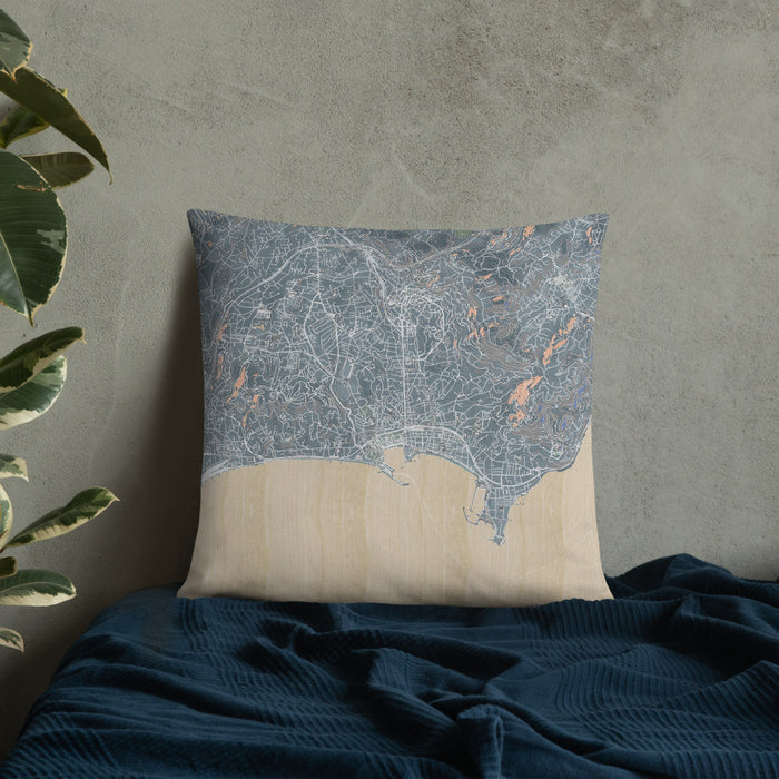 Custom Cannes France Map Throw Pillow in Afternoon on Bedding Against Wall