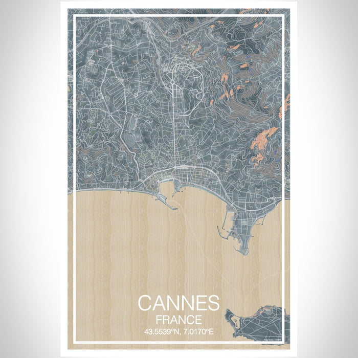 Cannes France Map Print Portrait Orientation in Afternoon Style With Shaded Background