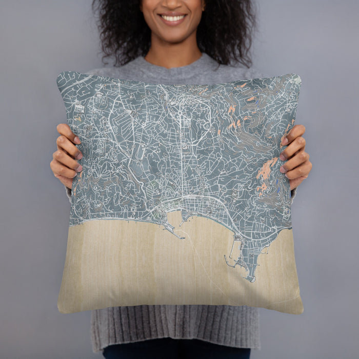 Person holding 18x18 Custom Cannes France Map Throw Pillow in Afternoon