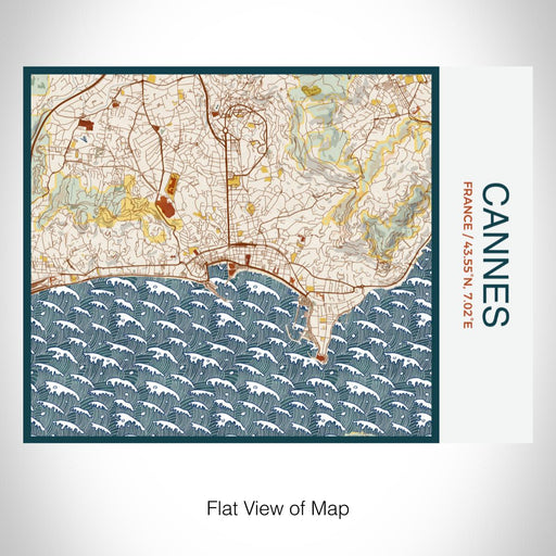 Rendered View of Cannes France Map on 20oz Stainless Steel Insulated Bottle with Bamboo Top with printed woodblock style map
