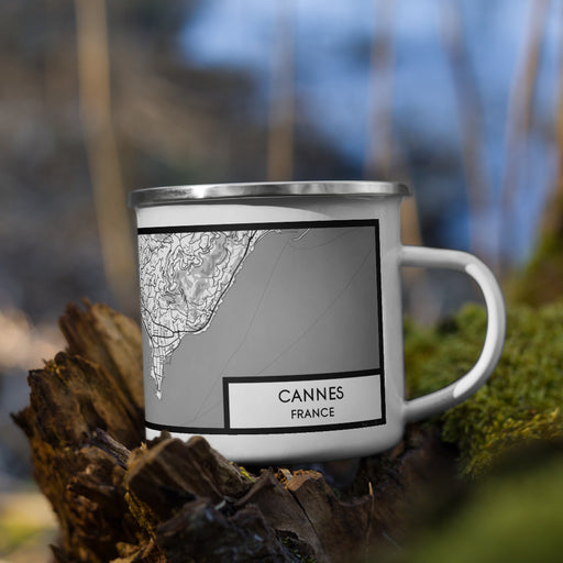 Right View Custom Cannes France Map Enamel Mug in Classic on Grass With Trees in Background