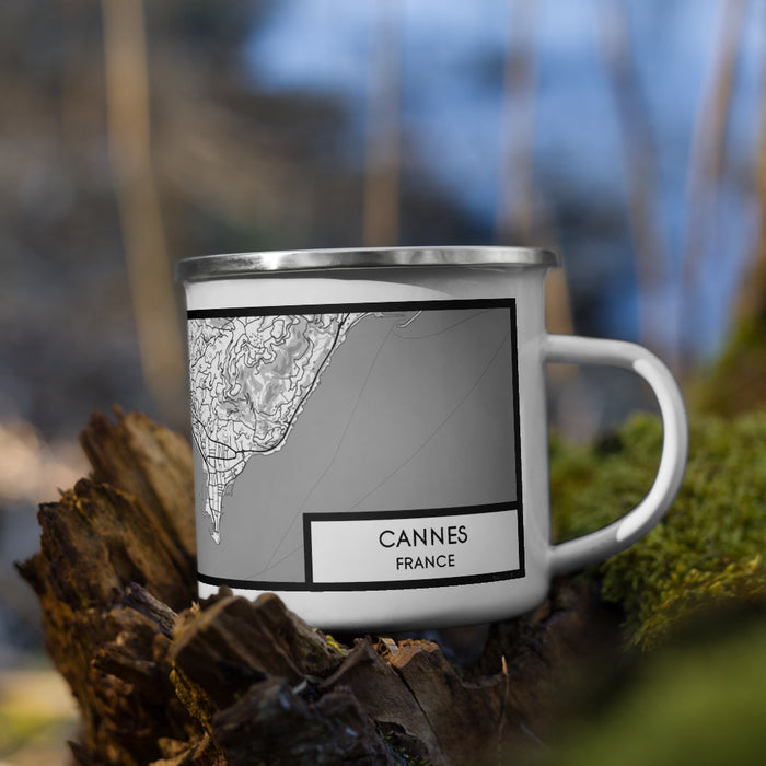 Right View Custom Cannes France Map Enamel Mug in Classic on Grass With Trees in Background