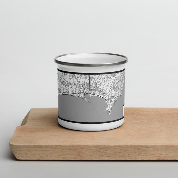 Front View Custom Cannes France Map Enamel Mug in Classic on Cutting Board