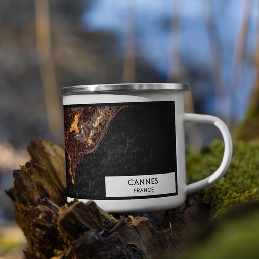 Right View Custom Cannes France Map Enamel Mug in Ember on Grass With Trees in Background