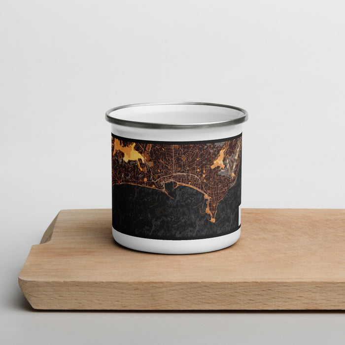 Front View Custom Cannes France Map Enamel Mug in Ember on Cutting Board