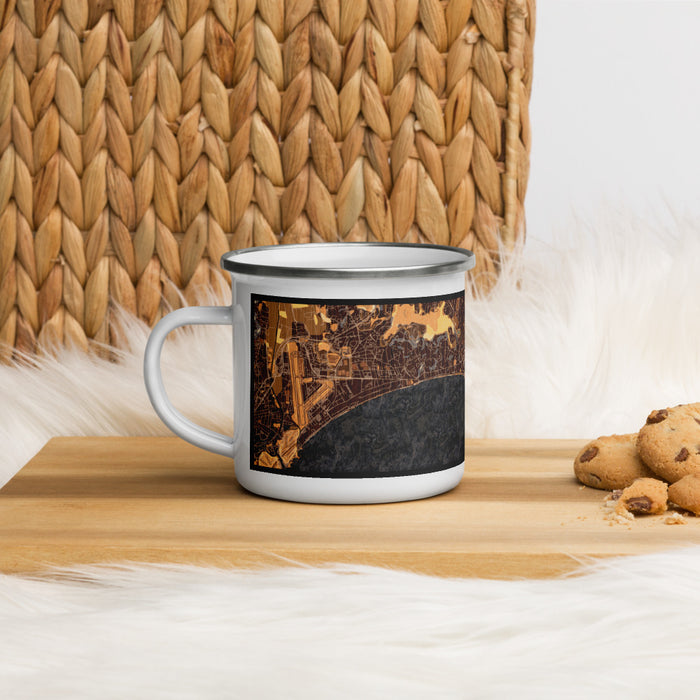Left View Custom Cannes France Map Enamel Mug in Ember on Table Top