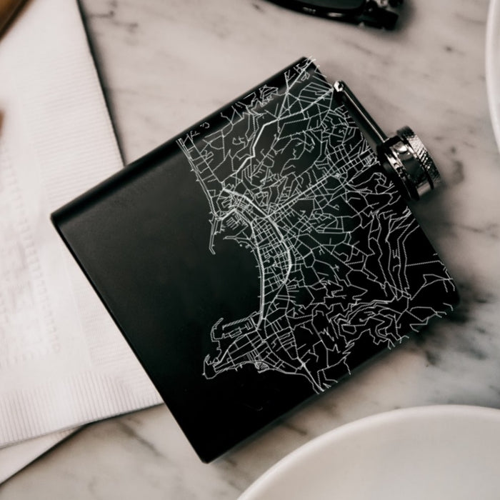 Cannes France Custom City Map Inscription Coordinates on 6oz Stainless Steel Flask in Black