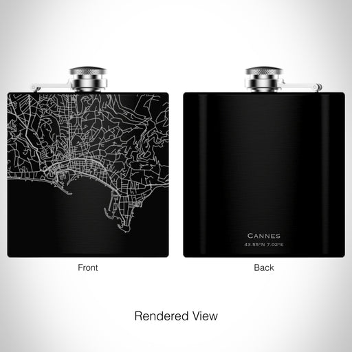 Rendered View of Cannes France Map on 6oz Stainless Steel Flask in Black