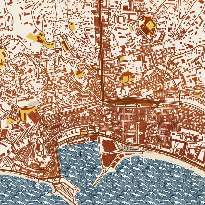 Cannes France Map Print in Woodblock Style Zoomed In Close Up Showing Details
