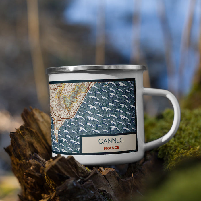 Right View Custom Cannes France Map Enamel Mug in Woodblock on Grass With Trees in Background