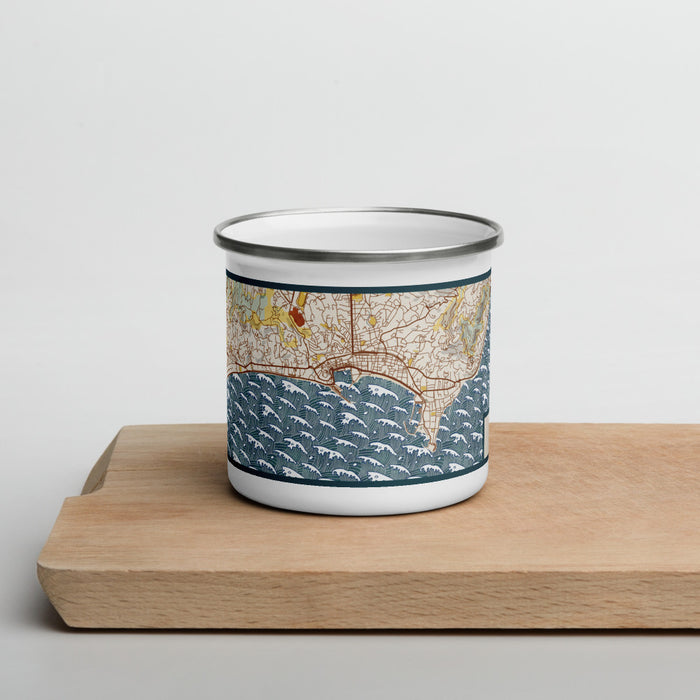 Front View Custom Cannes France Map Enamel Mug in Woodblock on Cutting Board