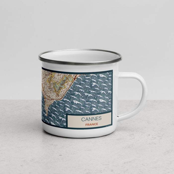 Right View Custom Cannes France Map Enamel Mug in Woodblock
