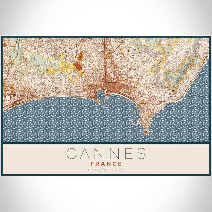 Cannes France Map Print Landscape Orientation in Woodblock Style With Shaded Background
