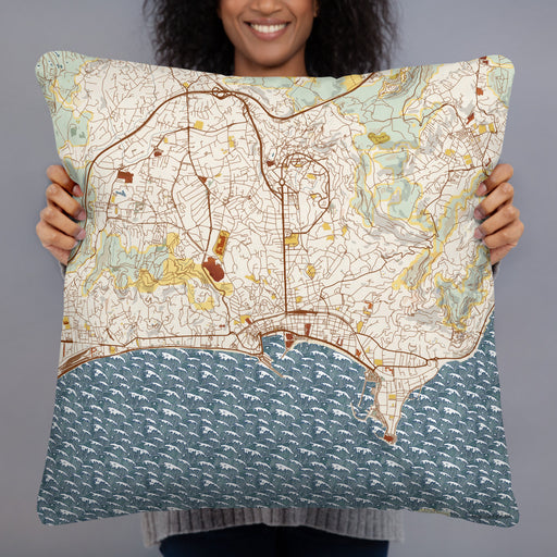 Person holding 22x22 Custom Cannes France Map Throw Pillow in Woodblock
