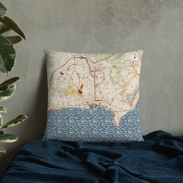 Custom Cannes France Map Throw Pillow in Woodblock on Bedding Against Wall