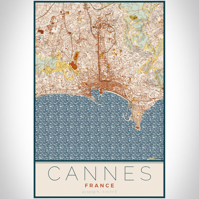Cannes France Map Print Portrait Orientation in Woodblock Style With Shaded Background