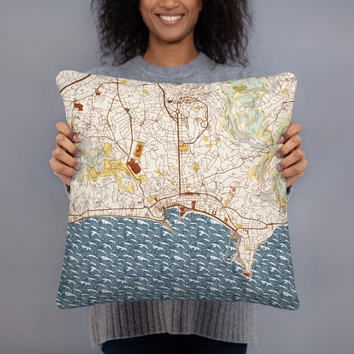 Person holding 18x18 Custom Cannes France Map Throw Pillow in Woodblock