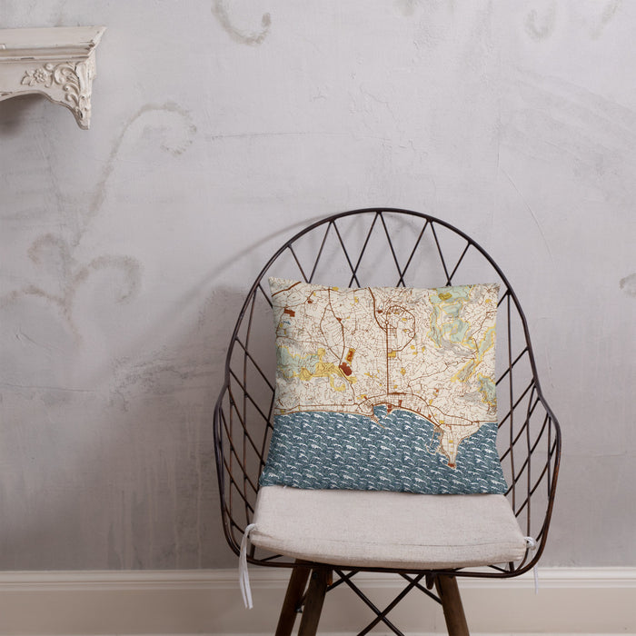 Custom Cannes France Map Throw Pillow in Woodblock on Cream Colored Couch
