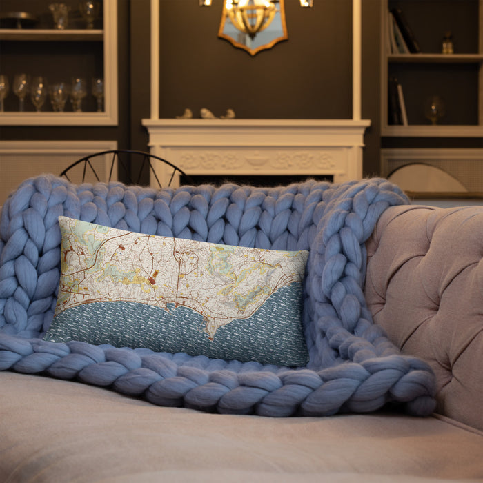 Custom Cannes France Map Throw Pillow in Woodblock on Blue Colored Chair