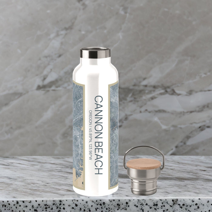 Cannon Beach Oregon Custom City Map Inscription Coordinates on 20oz Stainless Steel Insulated Bottle with Bamboo Top with printed afternoon style map
