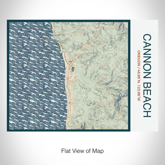 Rendered View of Cannon Beach Oregon Map on 20oz Stainless Steel Insulated Bottle with Bamboo Top with printed woodblock style map