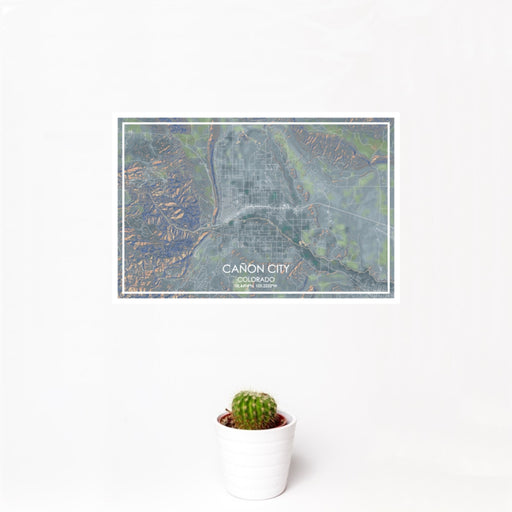 12x18 Cañon City Colorado Map Print Landscape Orientation in Afternoon Style With Small Cactus Plant in White Planter