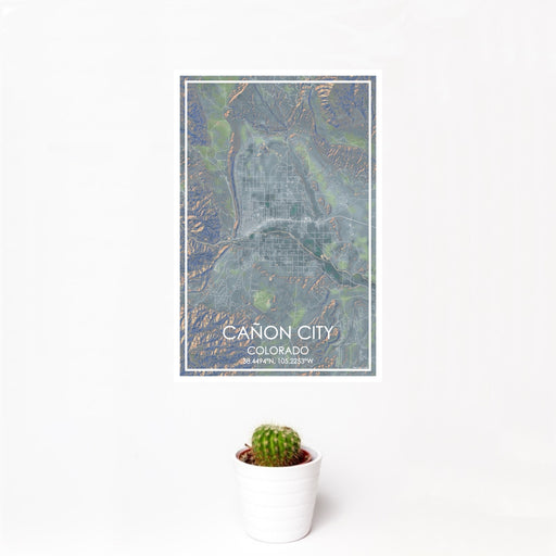 12x18 Cañon City Colorado Map Print Portrait Orientation in Afternoon Style With Small Cactus Plant in White Planter
