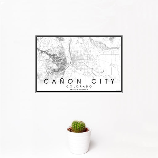 12x18 Cañon City Colorado Map Print Landscape Orientation in Classic Style With Small Cactus Plant in White Planter