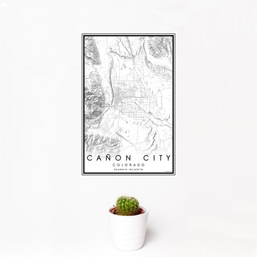 12x18 Cañon City Colorado Map Print Portrait Orientation in Classic Style With Small Cactus Plant in White Planter