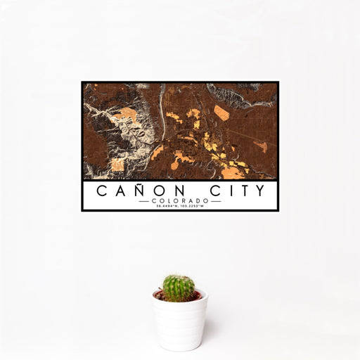 12x18 Cañon City Colorado Map Print Landscape Orientation in Ember Style With Small Cactus Plant in White Planter