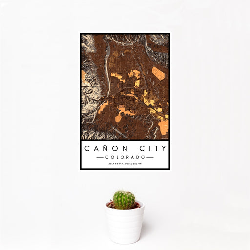 12x18 Cañon City Colorado Map Print Portrait Orientation in Ember Style With Small Cactus Plant in White Planter