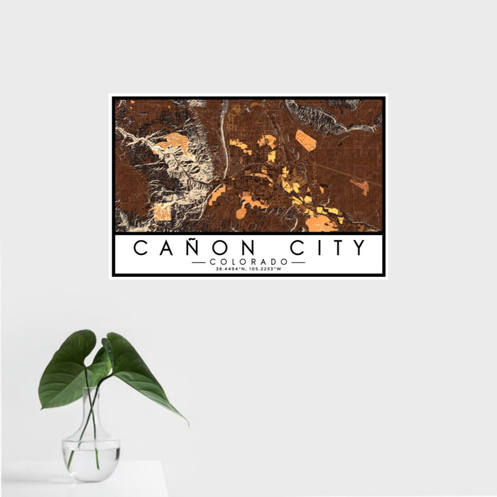 16x24 Cañon City Colorado Map Print Landscape Orientation in Ember Style With Tropical Plant Leaves in Water
