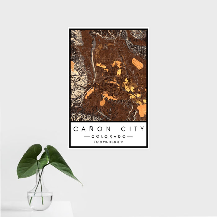 16x24 Cañon City Colorado Map Print Portrait Orientation in Ember Style With Tropical Plant Leaves in Water