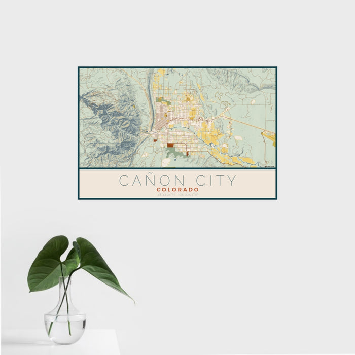 16x24 Cañon City Colorado Map Print Landscape Orientation in Woodblock Style With Tropical Plant Leaves in Water