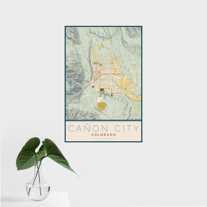 16x24 Cañon City Colorado Map Print Portrait Orientation in Woodblock Style With Tropical Plant Leaves in Water