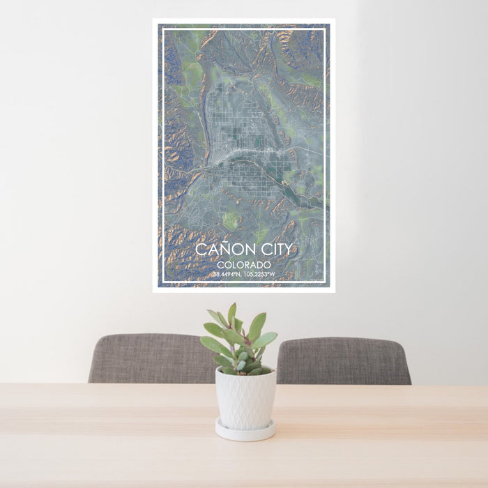 24x36 Cañon City Colorado Map Print Portrait Orientation in Afternoon Style Behind 2 Chairs Table and Potted Plant
