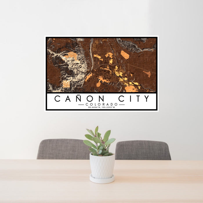 24x36 Cañon City Colorado Map Print Lanscape Orientation in Ember Style Behind 2 Chairs Table and Potted Plant