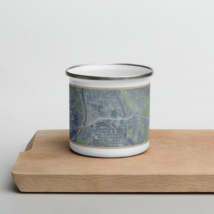 Front View Custom Cañon City Colorado Map Enamel Mug in Afternoon on Cutting Board
