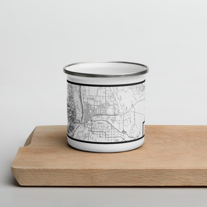 Front View Custom Cañon City Colorado Map Enamel Mug in Classic on Cutting Board