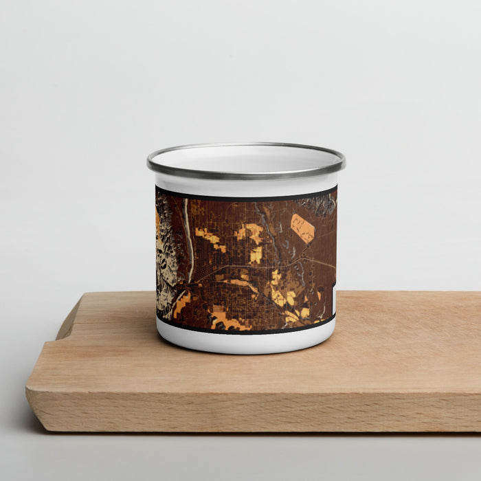 Front View Custom Cañon City Colorado Map Enamel Mug in Ember on Cutting Board