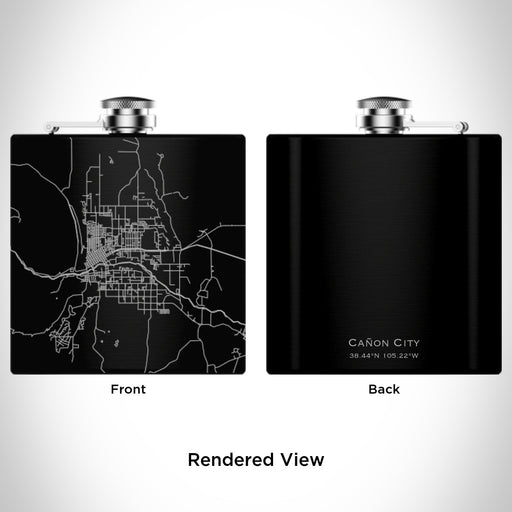 Rendered View of Cañon City Colorado Map Engraving on 6oz Stainless Steel Flask in Black